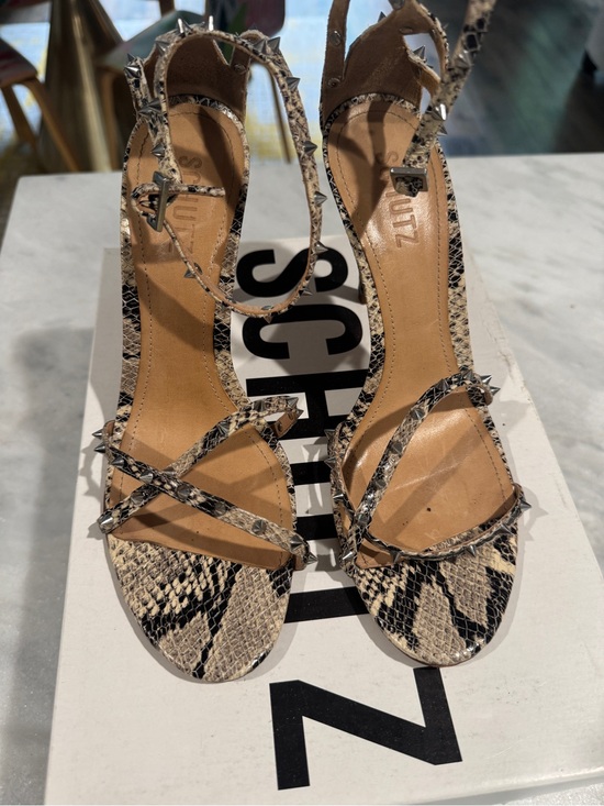 SCHUTZ Shoes - SCHUTZ Beige and Black Spiked Snake-Print Strappy Heeled Sandals